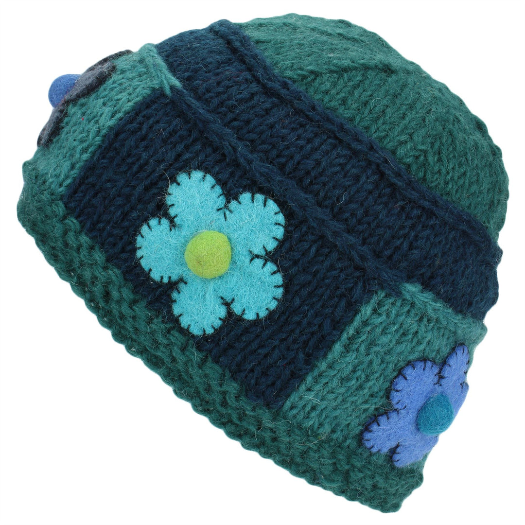 Ladies Wool Knit Beanie Hat with Flower Patch Design - Green