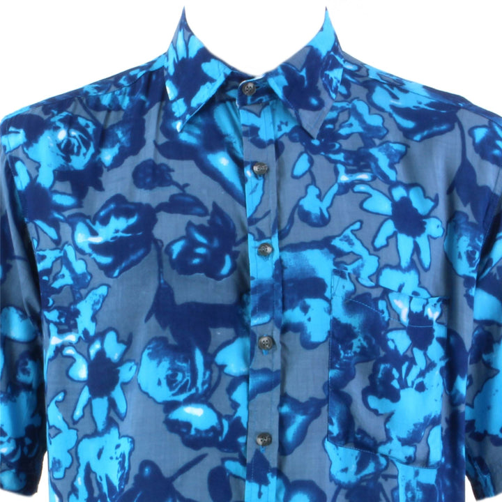 Regular Fit Short Sleeve Shirt - Blue Floral on Grey