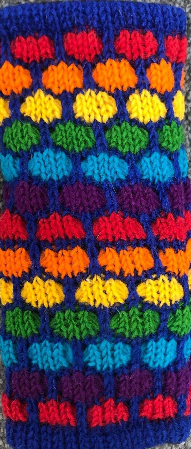 Wool Knit Fleece Lined  Wrist Warmers - Blue Rainbow Spot