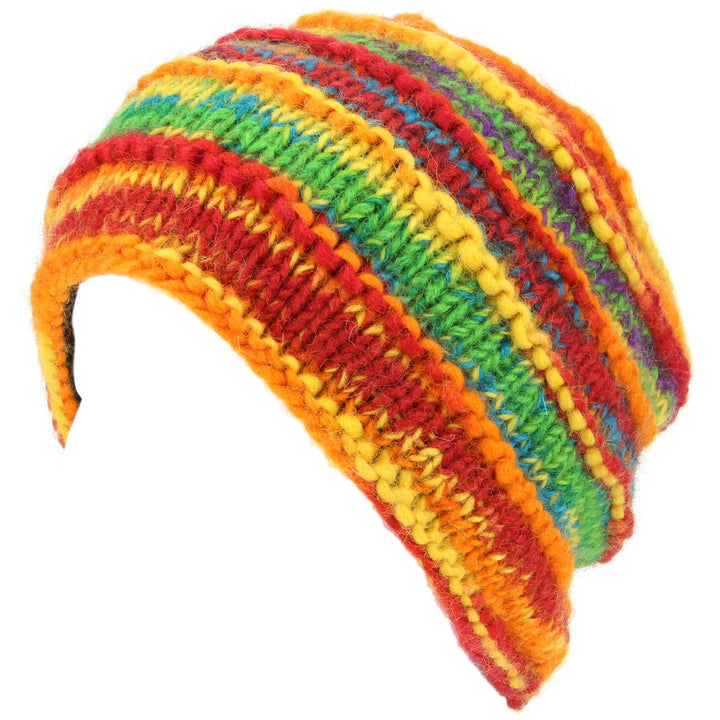 Chunky Ribbed Wool Knit Beanie Hat with Space Dye Design - Rainbow