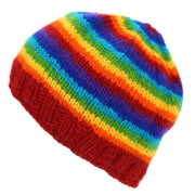 Hand Knitted Wool Beanie Hat - Stripe Bright Rainbow