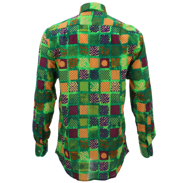 Regular Fit Long Sleeve Shirt - Green & Multicoloured Square Abstract