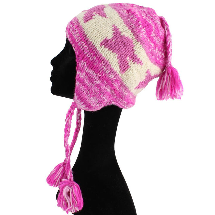 Wool Knit Earflap Tassel Hat - Star Pink