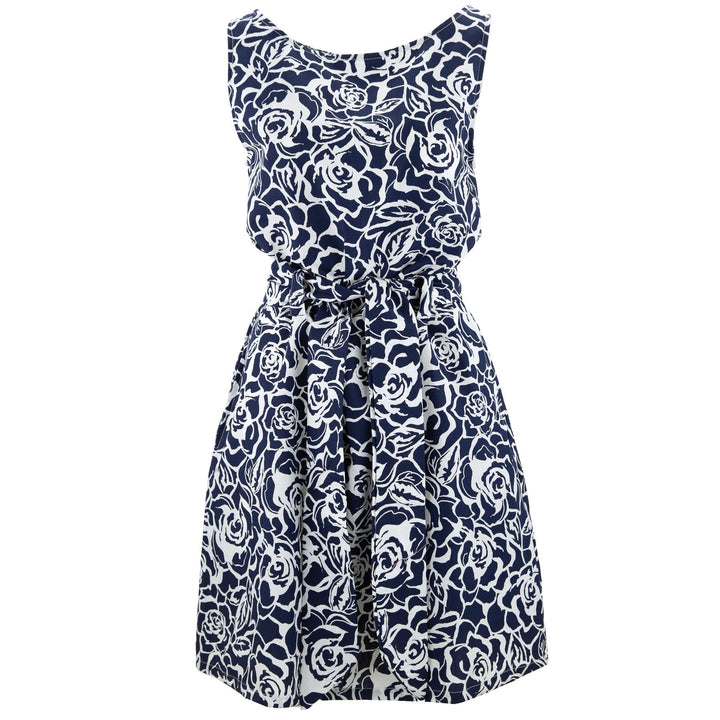 Belted Dress - Monochrome Roses Navy & White