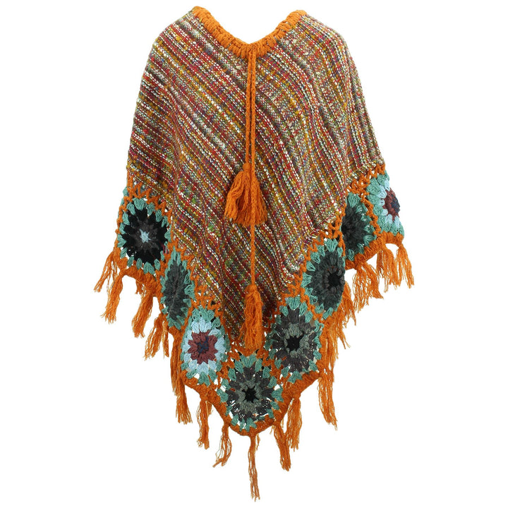 Granny Squares Crochet Poncho Long - Rainbow/Rust