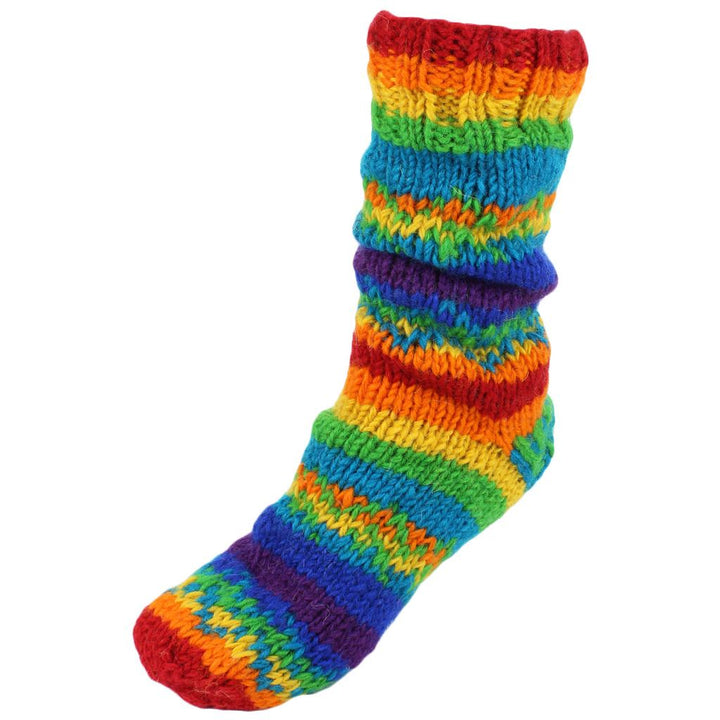 Hand Knitted Wool Slipper Socks Lined - Stripe Rainbow Zig Zag