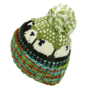 Hand Knitted Wool Beanie Bobble Hat - Sheep - Green Multi