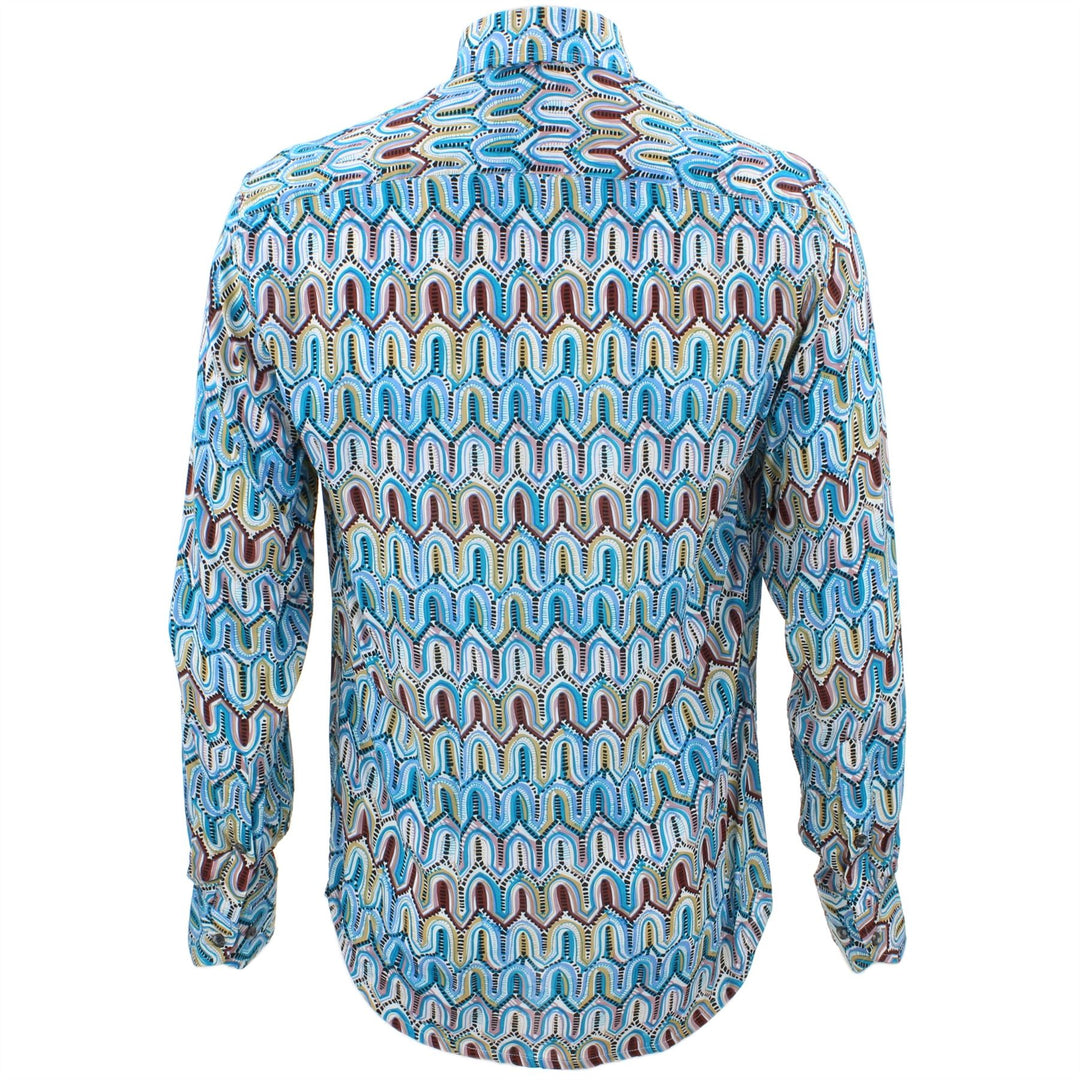 Tailored Fit Long Sleeve Shirt - Blue & Brown Abstract Watercolour