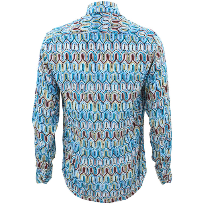 Tailored Fit Long Sleeve Shirt - Blue & Brown Abstract Watercolour