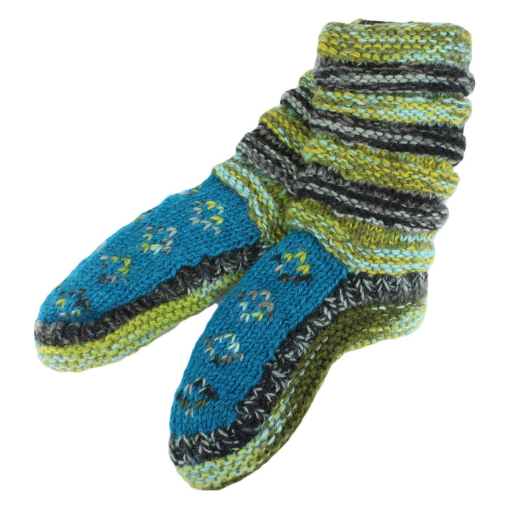 Chunky Wool Knit Slipper Socks - Blue & Green