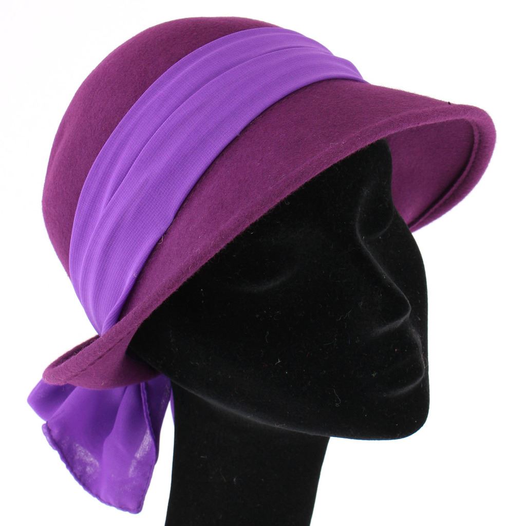 Wool felt cloche hat with wide chiffon band and bow - Purple (57cm)
