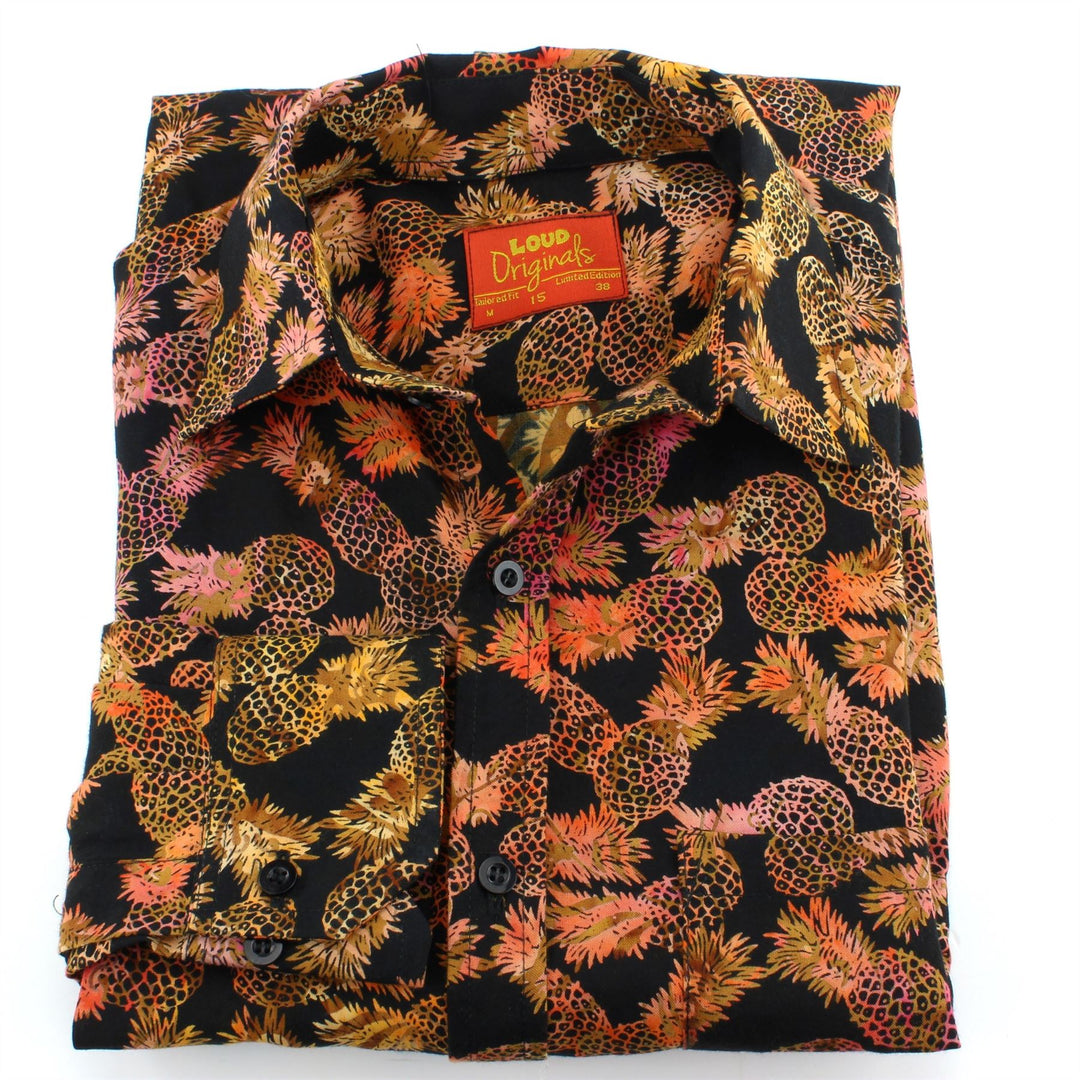 Tailored Fit Long Sleeve Shirt - Orange Pineapples on Black