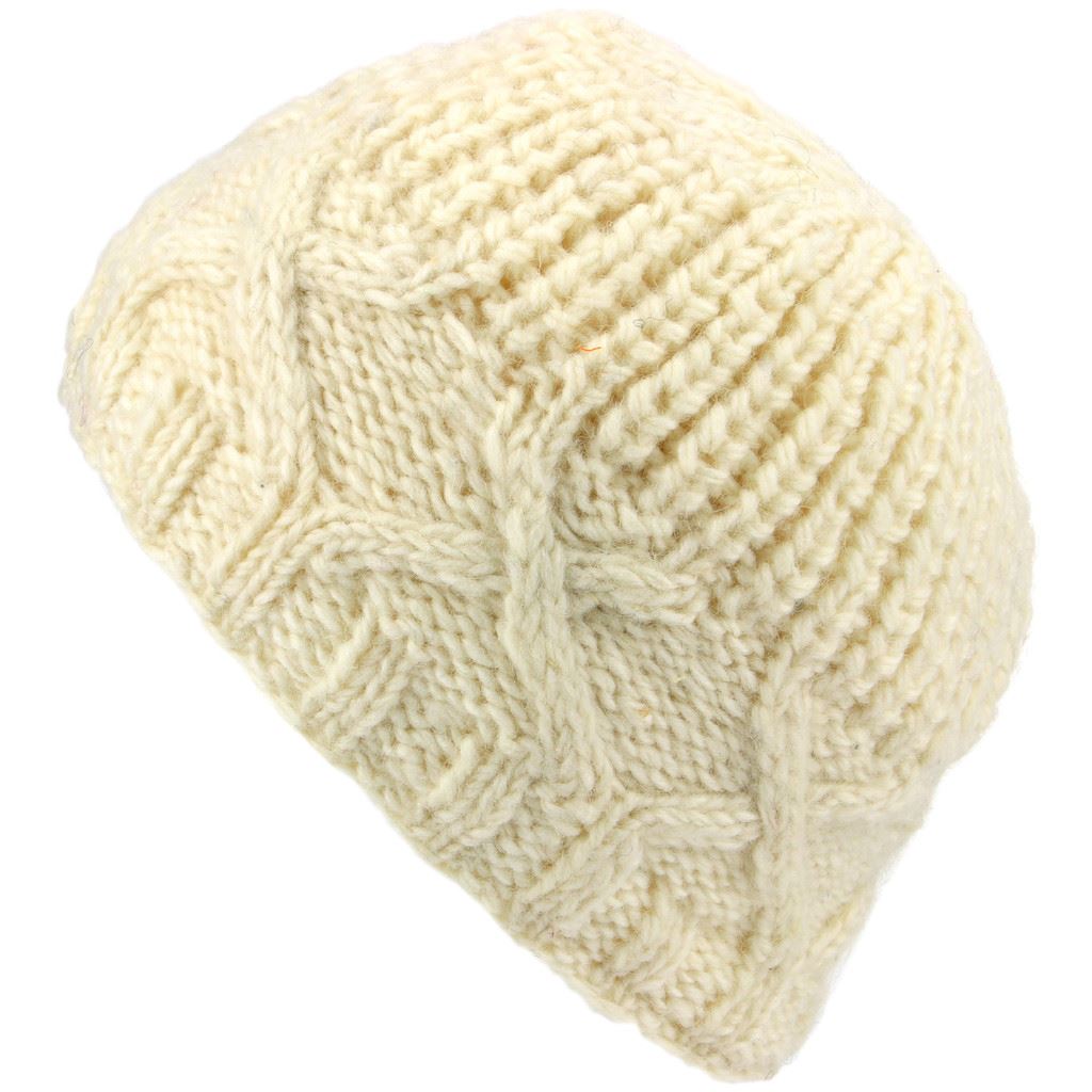 Wool Beanie Hat with Chunky Cross Cable Knit Design
