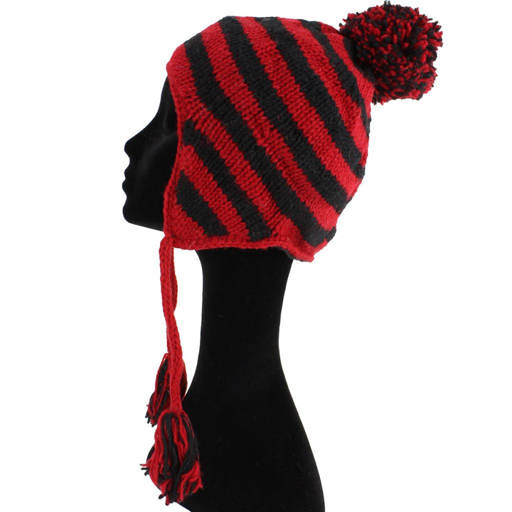 Wool Knit Earflap Bobble Hat - Stripe Red Black