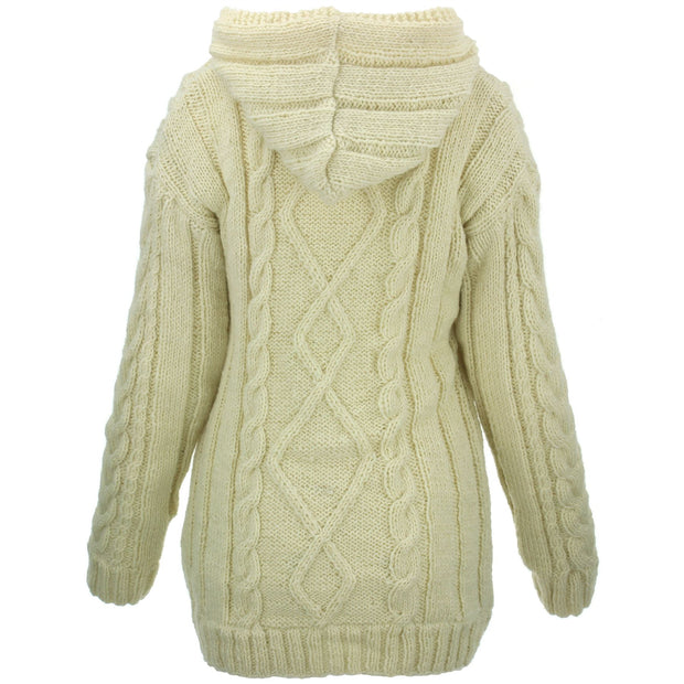 Handmade Wool Cable Knit Hooded Jacket - Cream