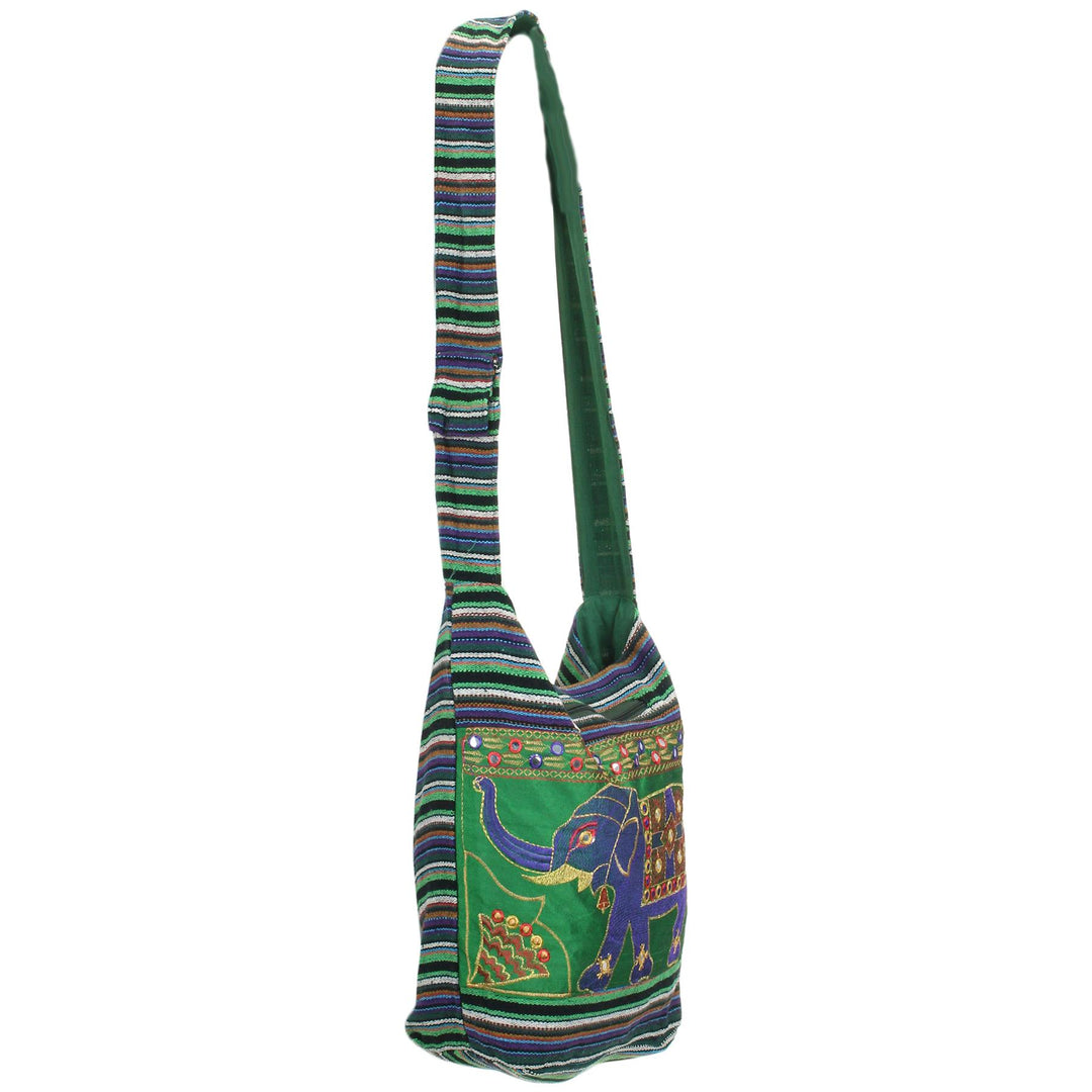 Embroidered Elephant Canvas Sling Shoulder Bag - Green Purple