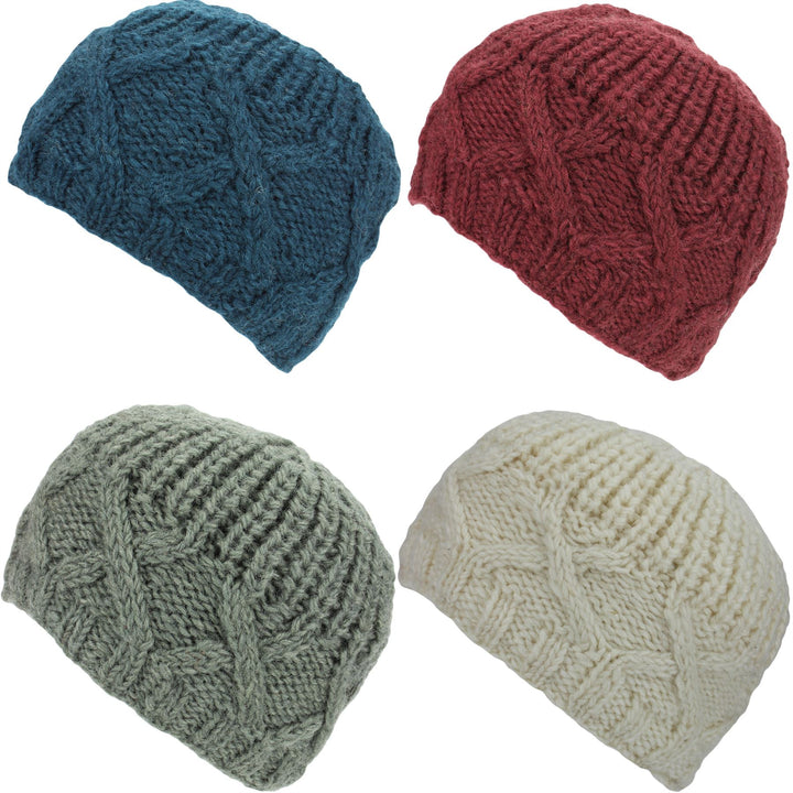 Wool Beanie Hat with Chunky Cross Cable Knit Design