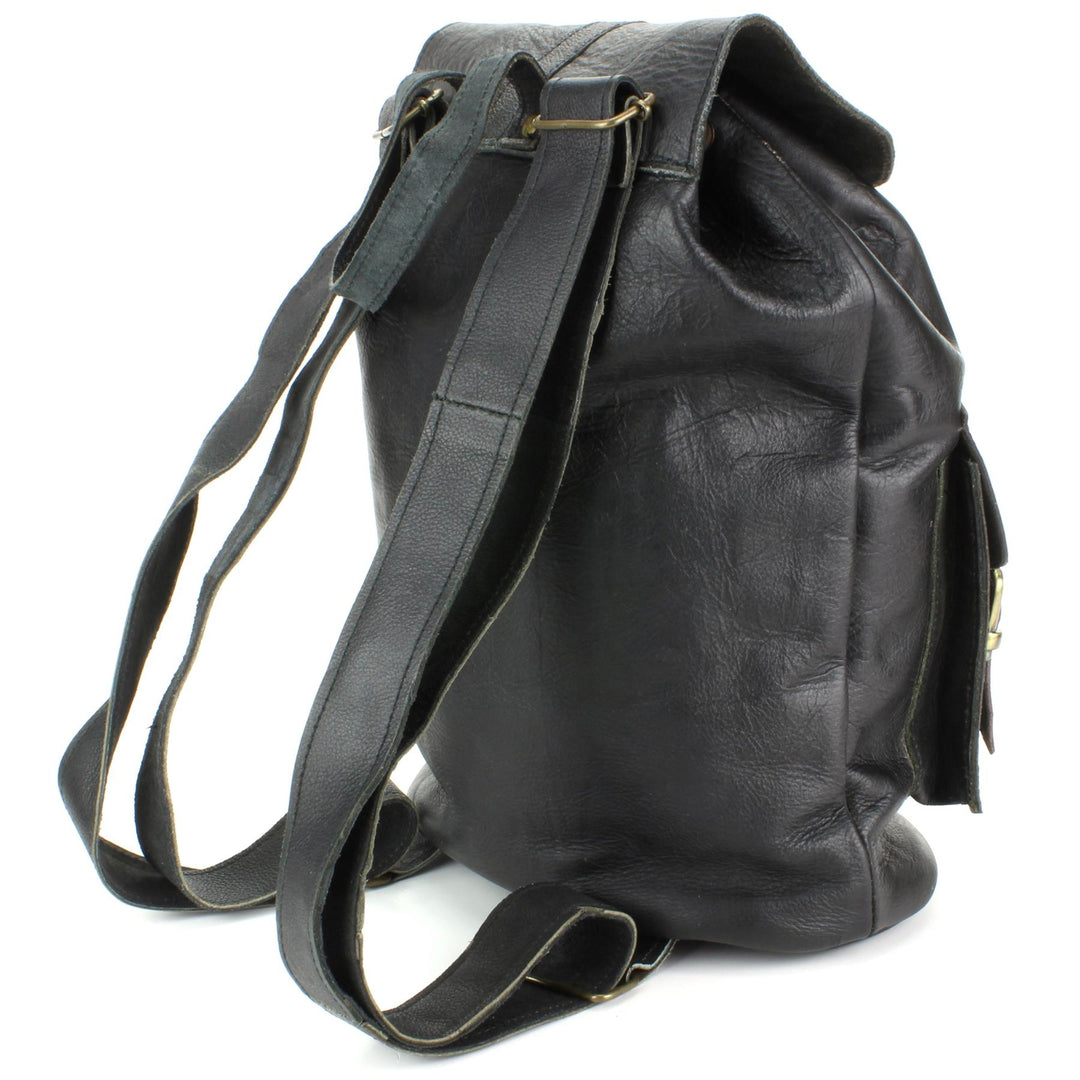 Real Leather Backpack with Two Front Pockets - Black