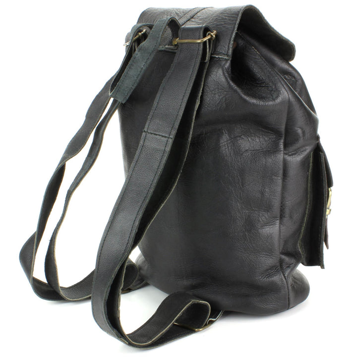 Real Leather Backpack with Two Front Pockets - Black