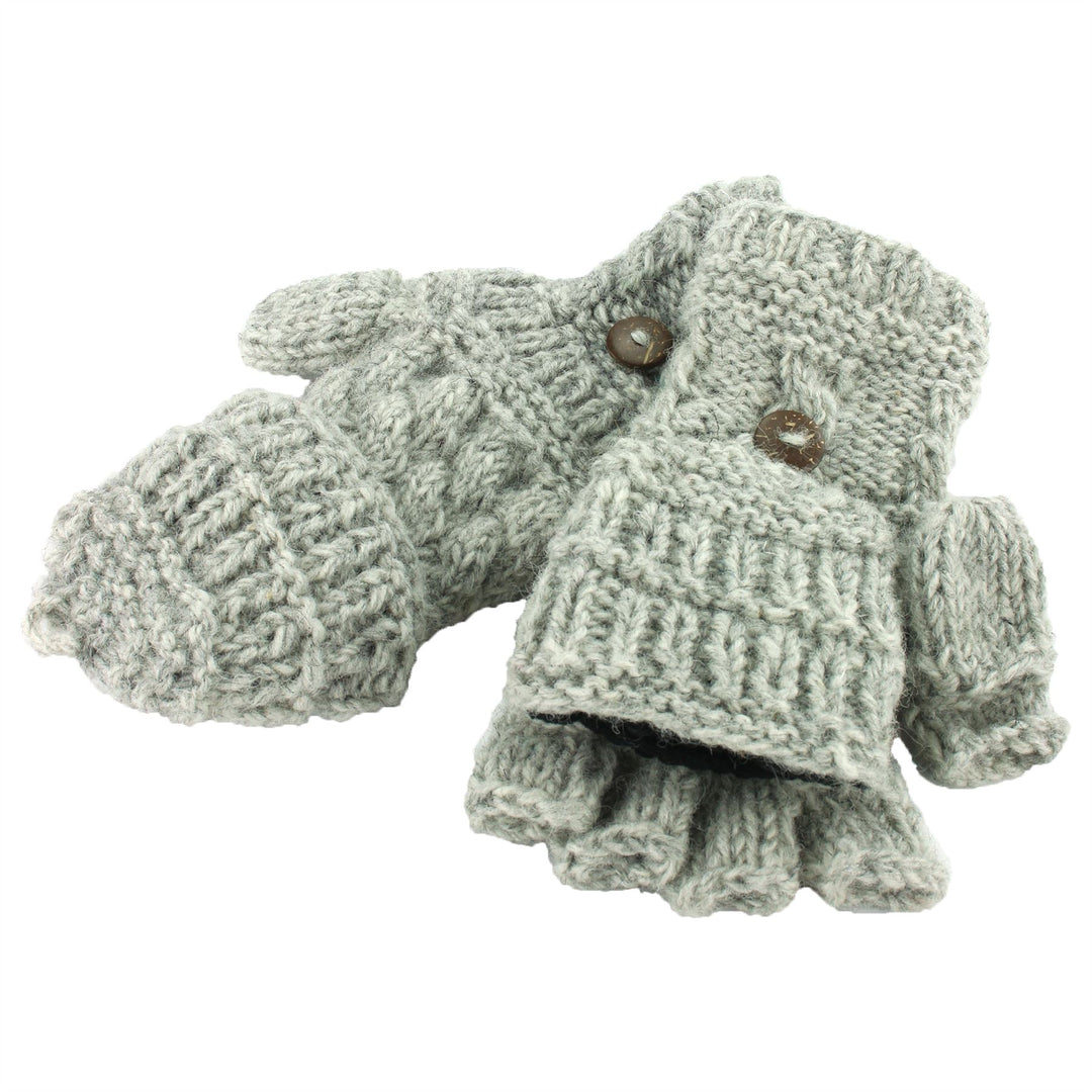 Chunky Wool Fingerless Shooter Gloves - Mixed Knits - Light Grey