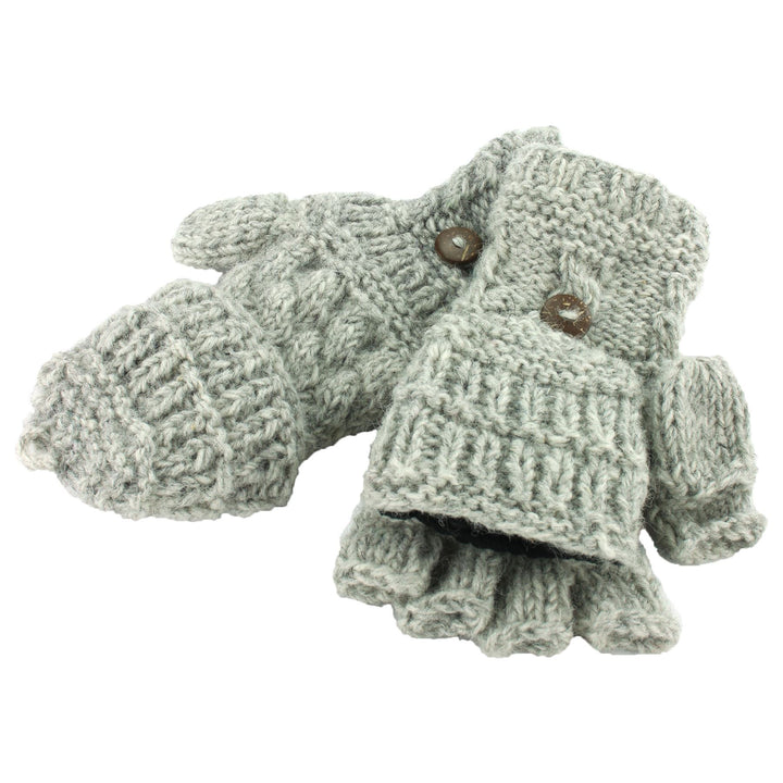 Chunky Wool Fingerless Shooter Gloves - Mixed Knits - Light Grey