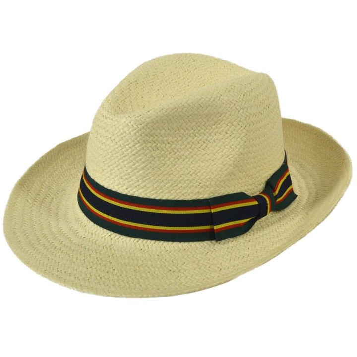Wide Brim Straw Panama Fedora Hat - Green & Navy
