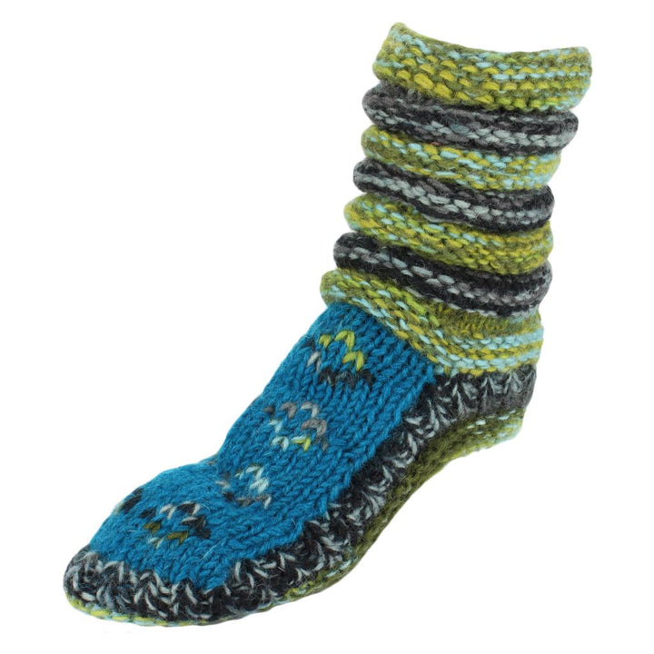 Chunky Wool Knit Slipper Socks - Blue & Green