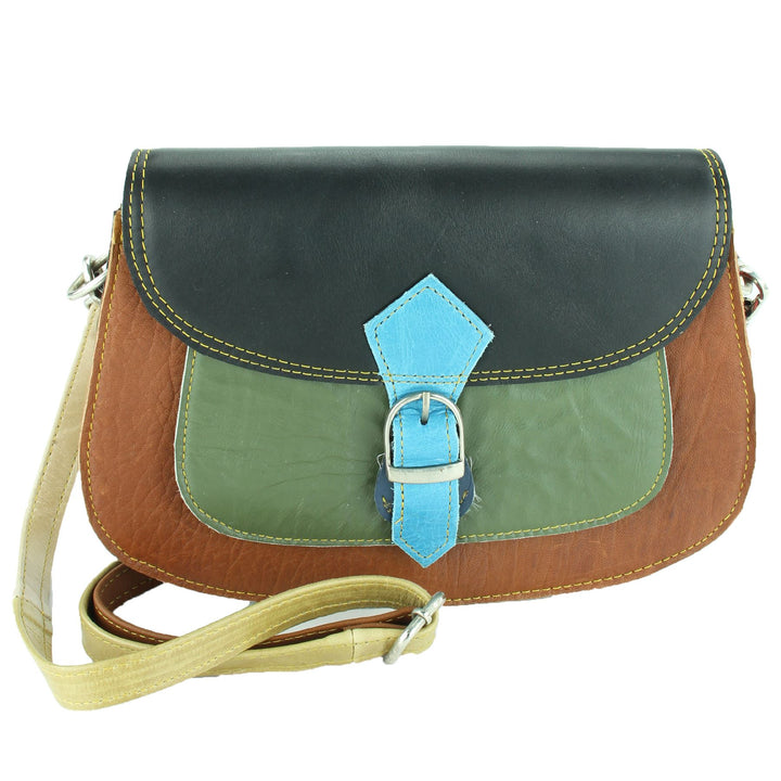 Real Leather Colourful Messenger Shoulder Bag - Green Mix