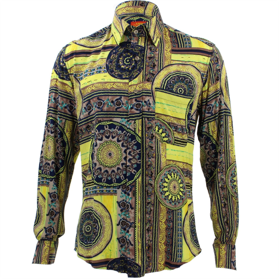 Tailored Fit Long Sleeve Shirt - Yellow Grey & Navy Abstract