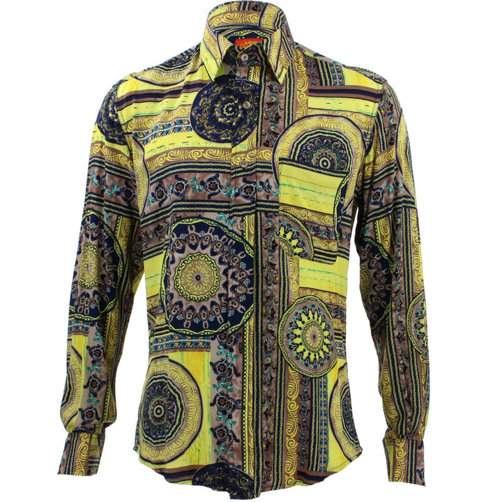 Tailored Fit Long Sleeve Shirt - Yellow Grey & Navy Abstract