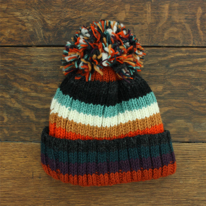 Hand Knitted Wool Beanie Bobble Hat - Stripe Anu