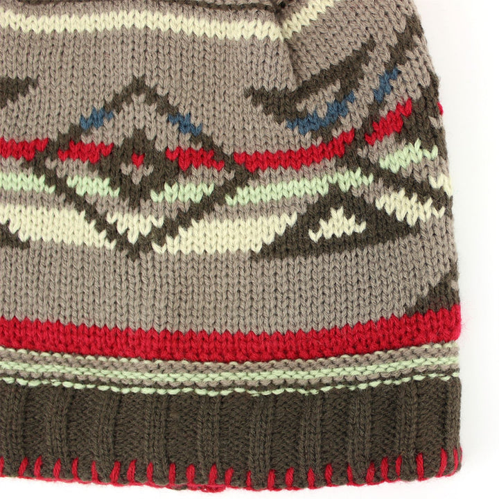 Fine knit aztec pattern beanie bobble hat - Brown
