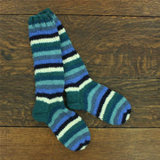 Hand Knitted Wool Long Socks - Stripe Blue White