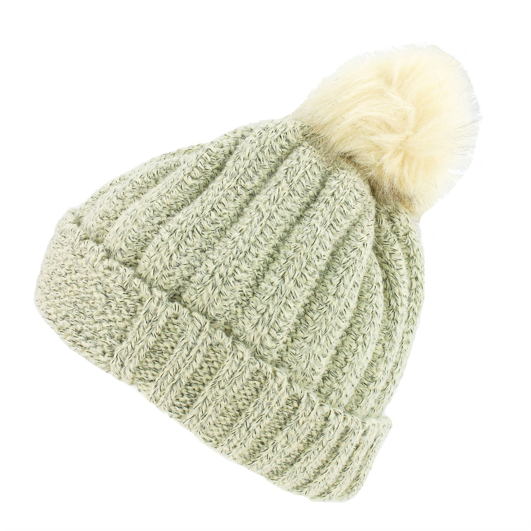 Chunky Knit Beanie Hat with Thick Fleece Lining and Faux Fur Bobble - Beige