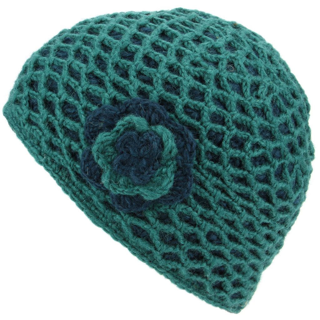 Ladies Wool Knit Crochet Lattice Beanie Hat with Flower - Teal & Green
