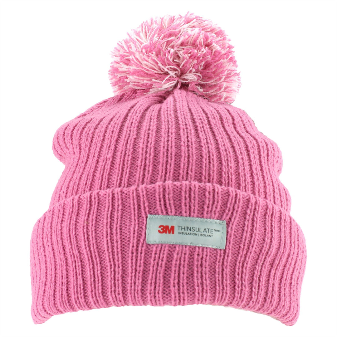 Childrens Beanie Hat with Turn-up and 2-Tone Bobble - Pink