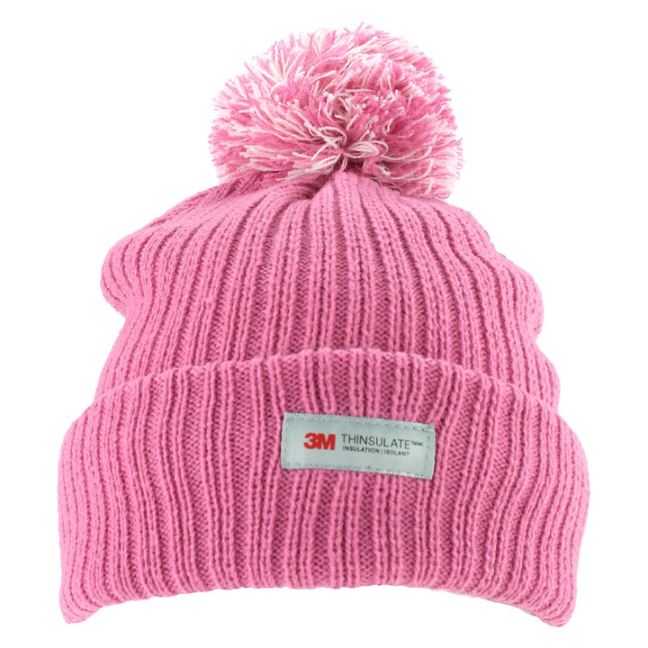 Childrens Beanie Hat with Turn-up and 2-Tone Bobble - Pink