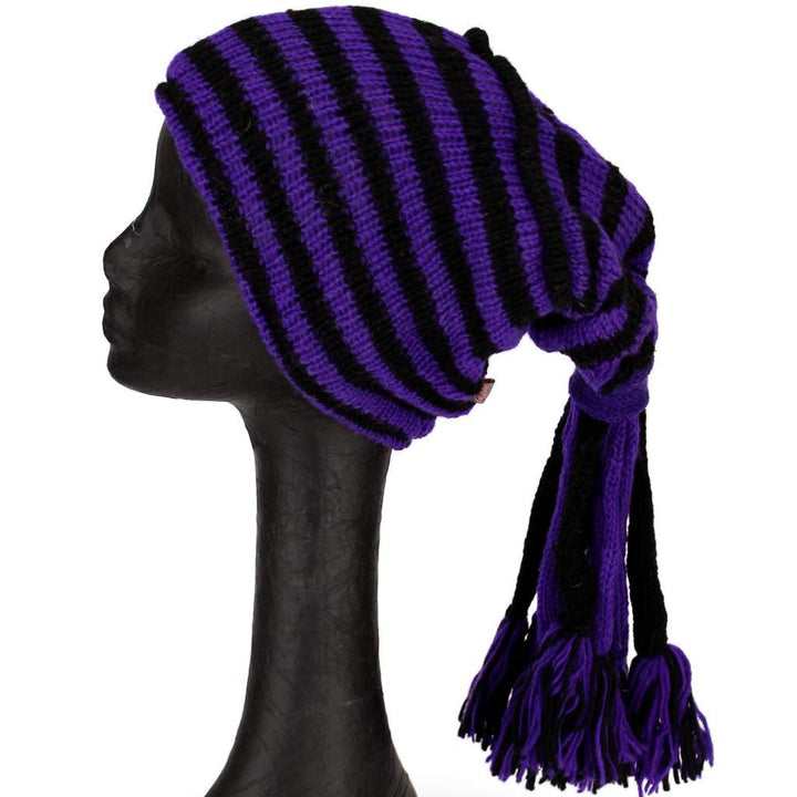 Wool Knit 'Fountain' Tassels Beanie Hat - Purple & Black