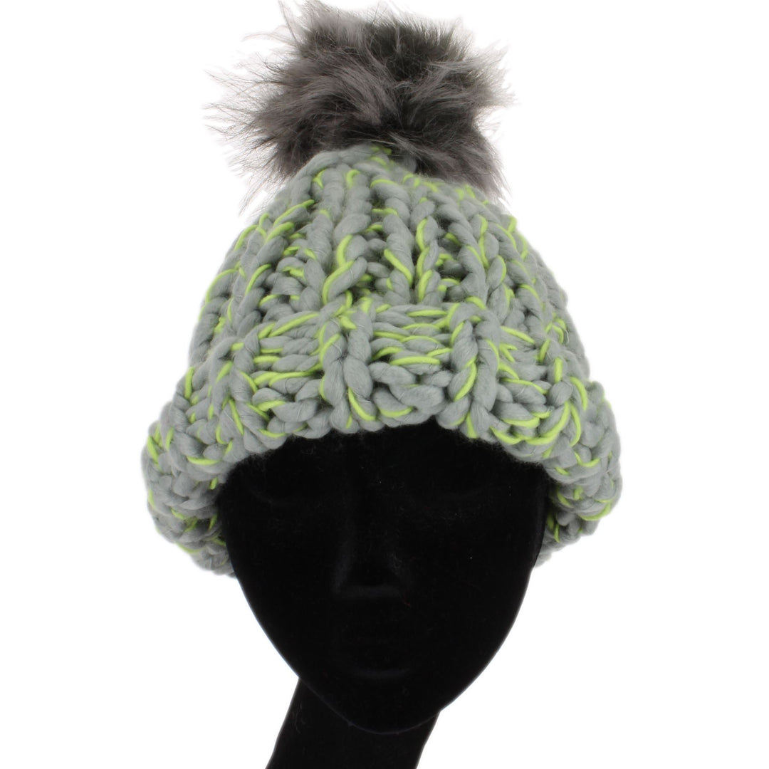 Chunky acrylic knit beanie hat with faux fur bobble - Grey & Green