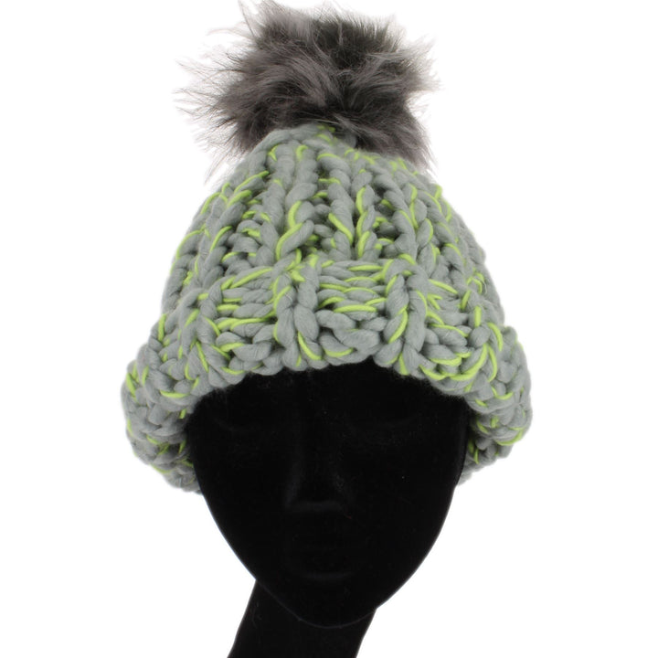 Chunky acrylic knit beanie hat with faux fur bobble - Grey & Green