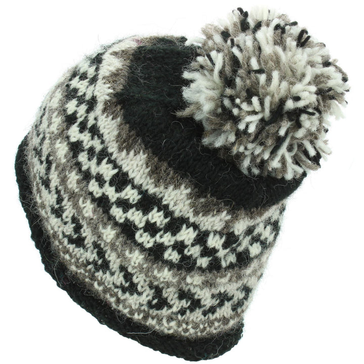 Wool Knit Beanie Bobble Hat - Chevron - Black