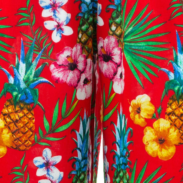Loose Summer Trousers - Red Tropical Leaf
