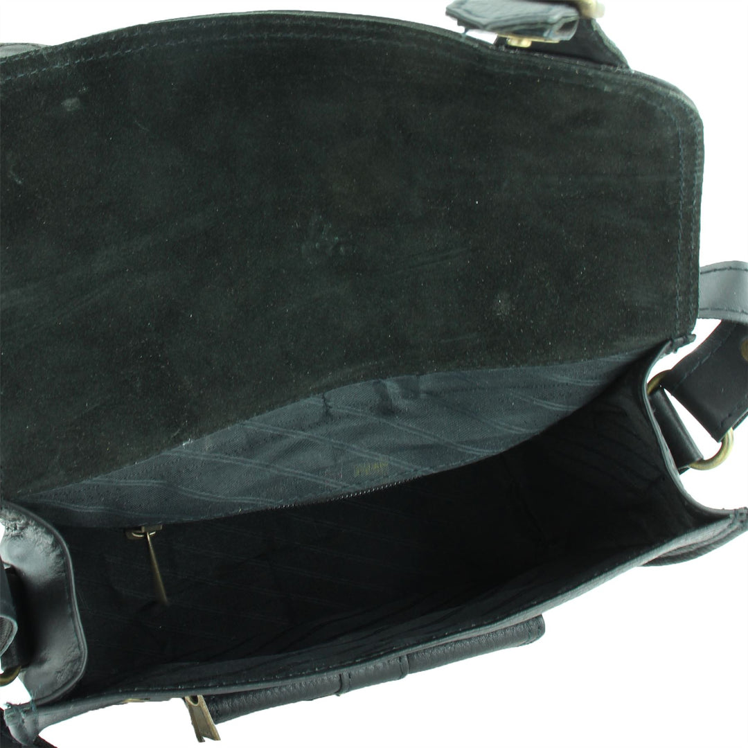 Real Leather Satchel with Front Pocket - Black