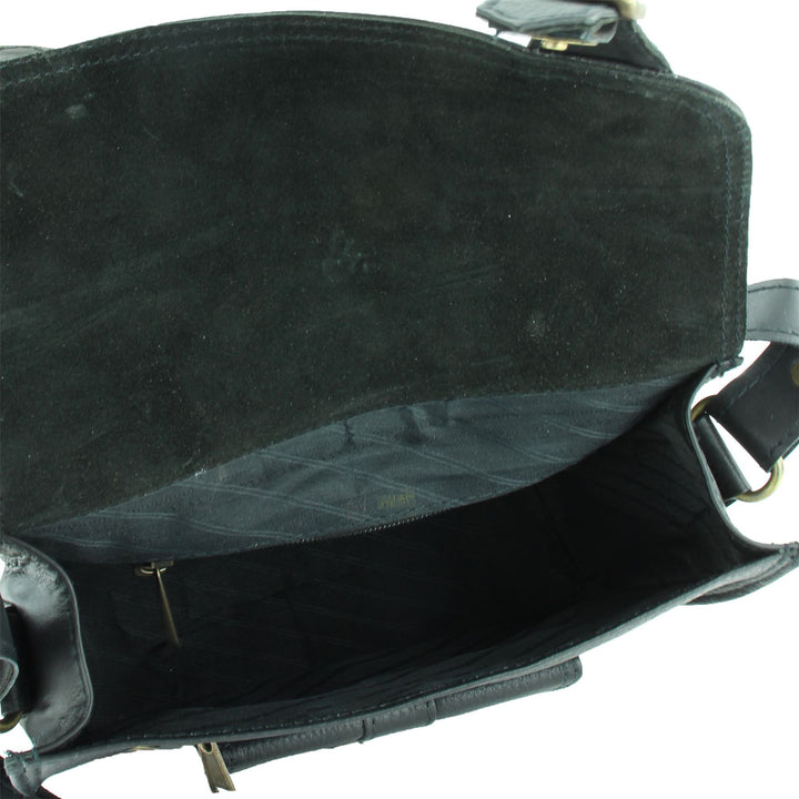 Real Leather Satchel with Front Pocket - Black