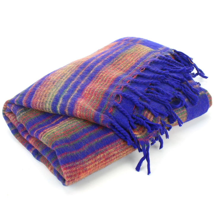 Vegan Wool Shawl Blanket - Stripe - Blue Sunset