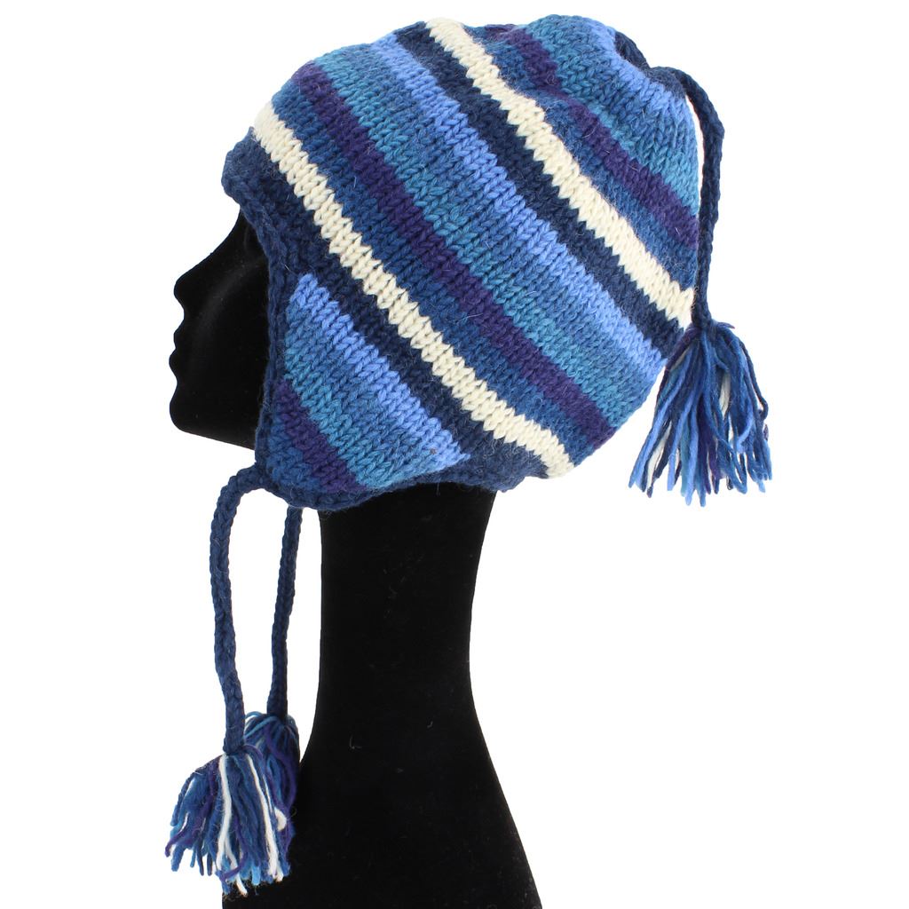 Wool Knit Earflap Tassel Hat - Stripe Blue White