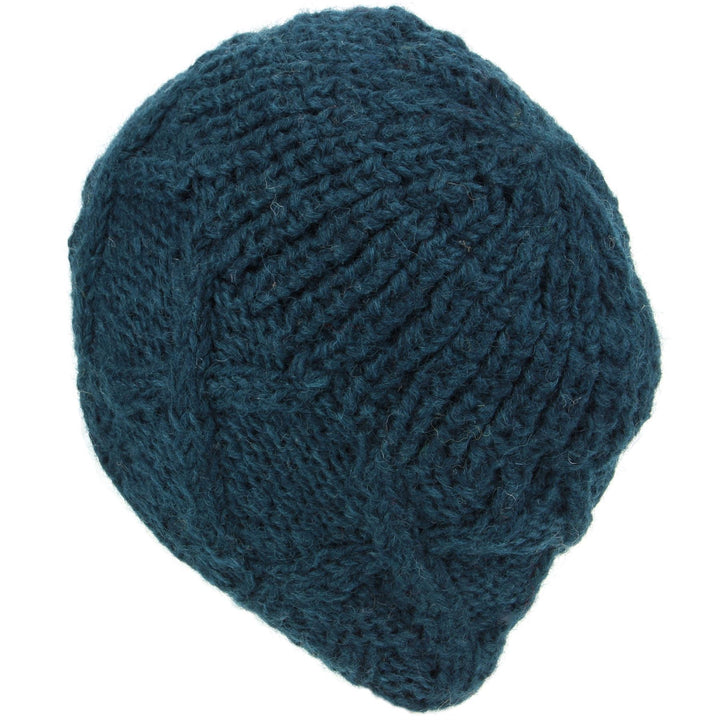 Wool Beanie Hat with Chunky Cross Cable Knit Design