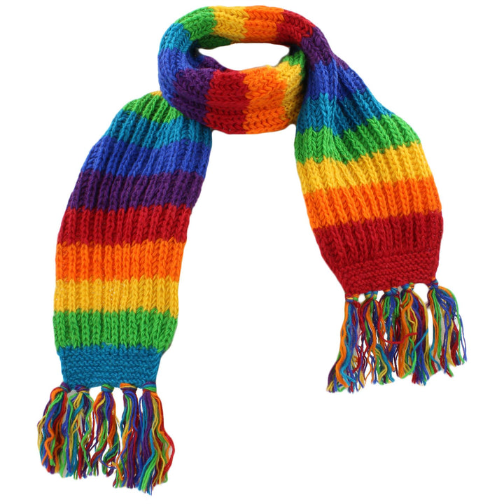 Long Chunky Wool Knit Striped Scarf - Rainbow