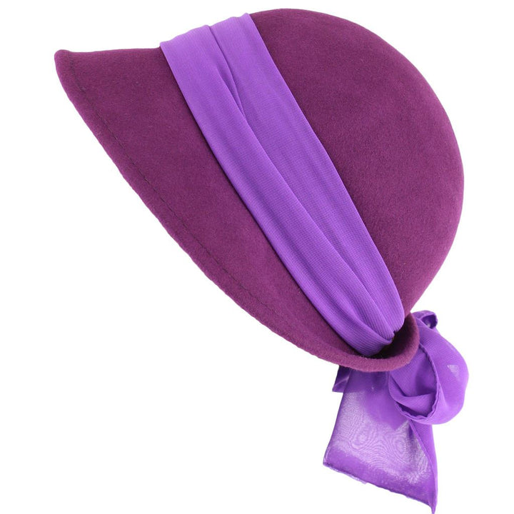 Wool felt cloche hat with wide chiffon band and bow - Purple (57cm)