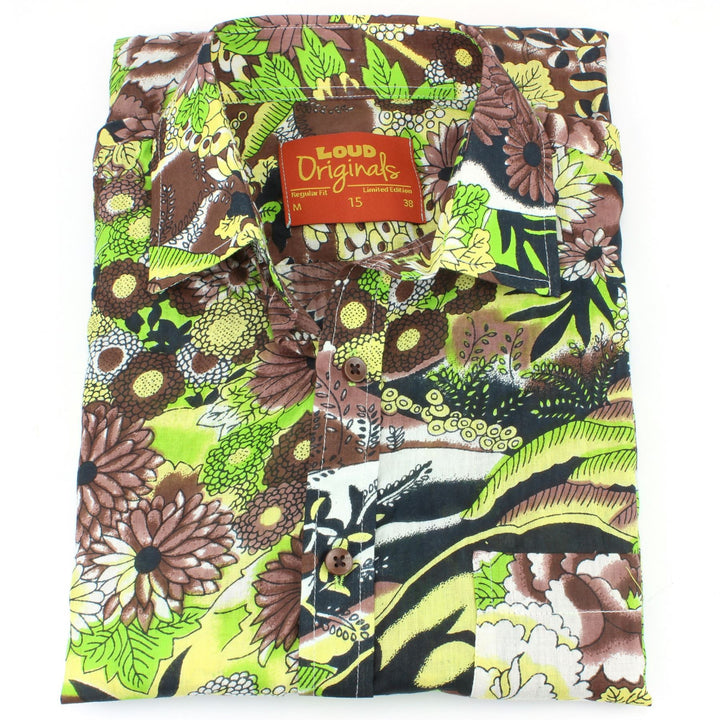 Regular Fit Short Sleeve Shirt - Green & Brown Abstract Floral
